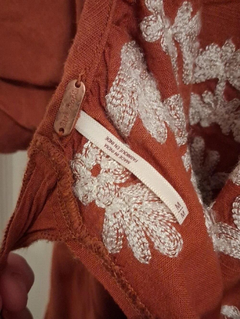 Free People Rust Tunic with White Floral Embroidery